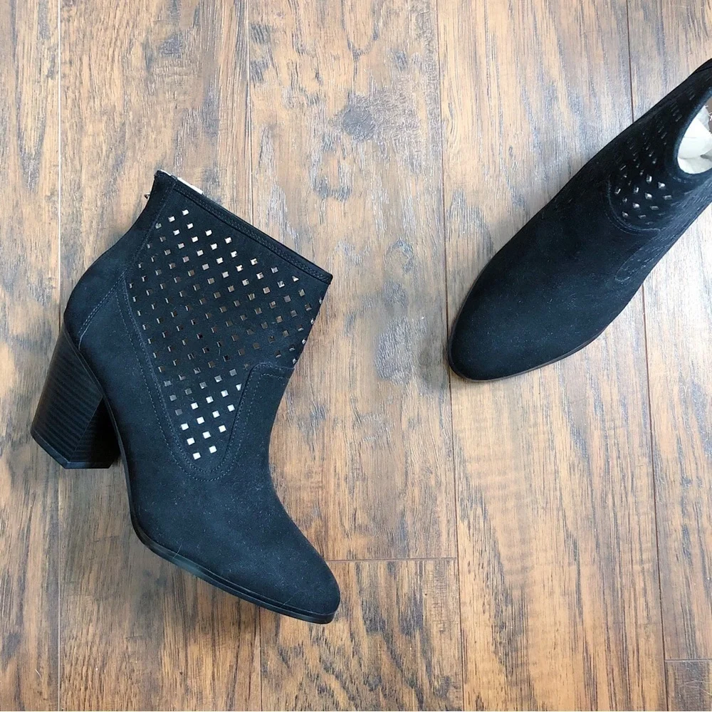 Kaari Blue • Karin perforated ankle boots black faux suede vegan point toe heel